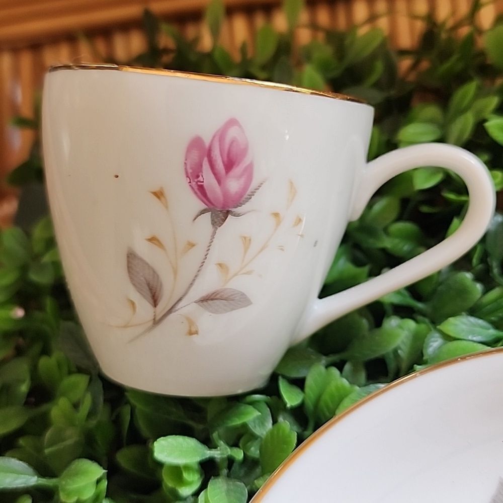 Vtg Feminine Floral Abalone China Flamingo Rose Demitasse Teacup & Saucer